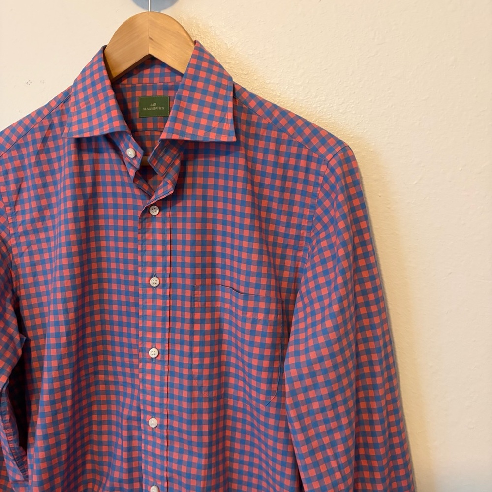 Sid Mashburn Salmon Blue Gingham Button Front Shirt Cotton Small - Picture 3 of 6